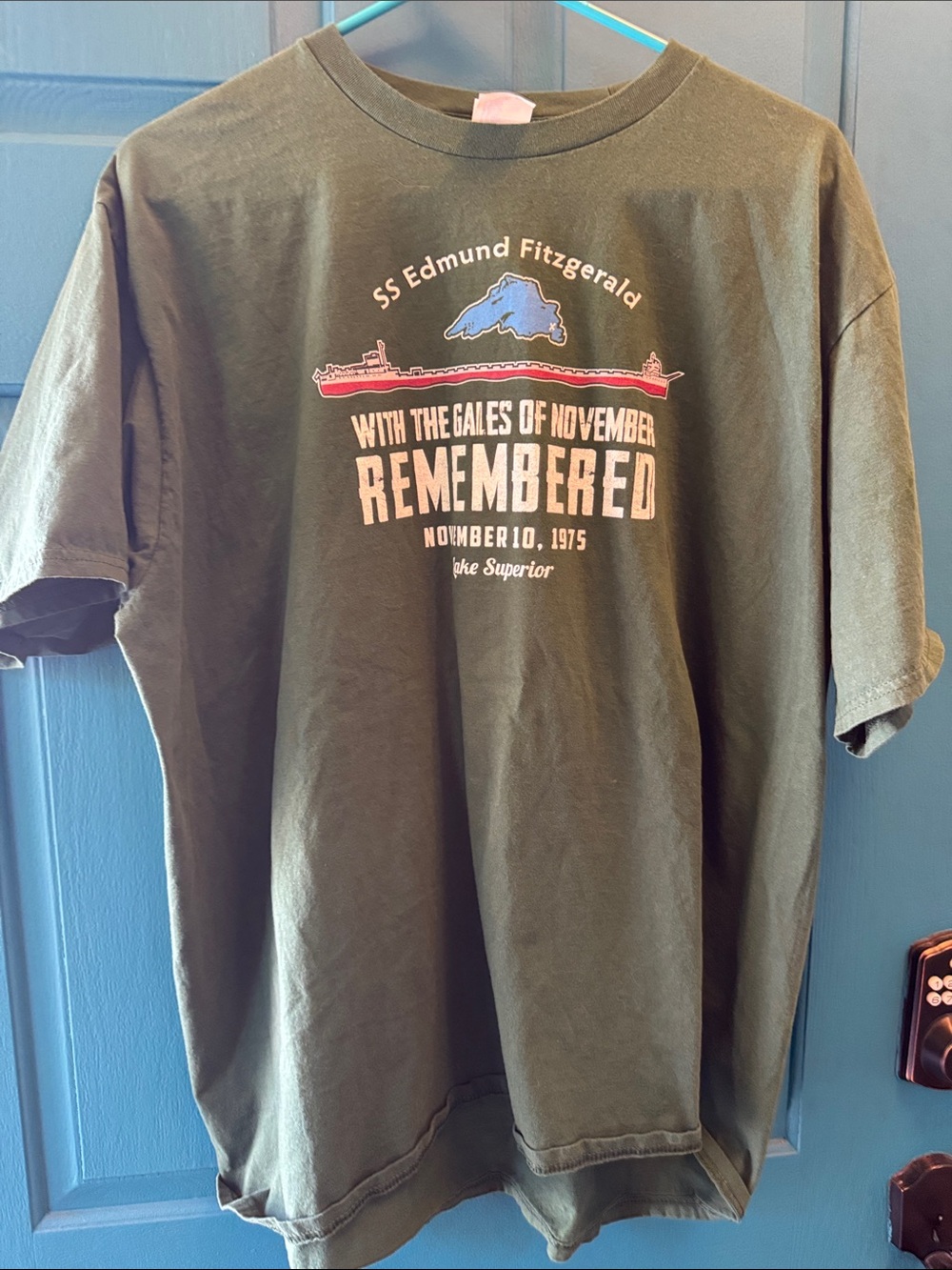 SS Edmund Fitzgerald 'Remembered' Olive Green Graphic Tee